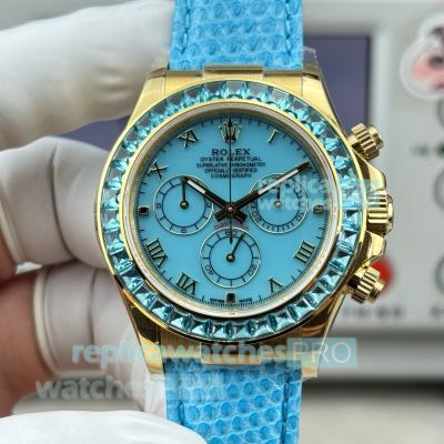 Swiss Replica Rolex Beach Daytona Diamond Bezel Baby Blue Leather Strap Watch 40mm 